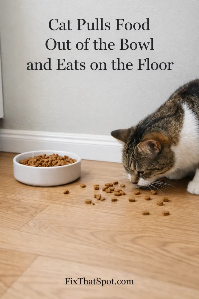 Dry cat food scattered on the floor next to a full cat bowl in a kitchen feeding area.