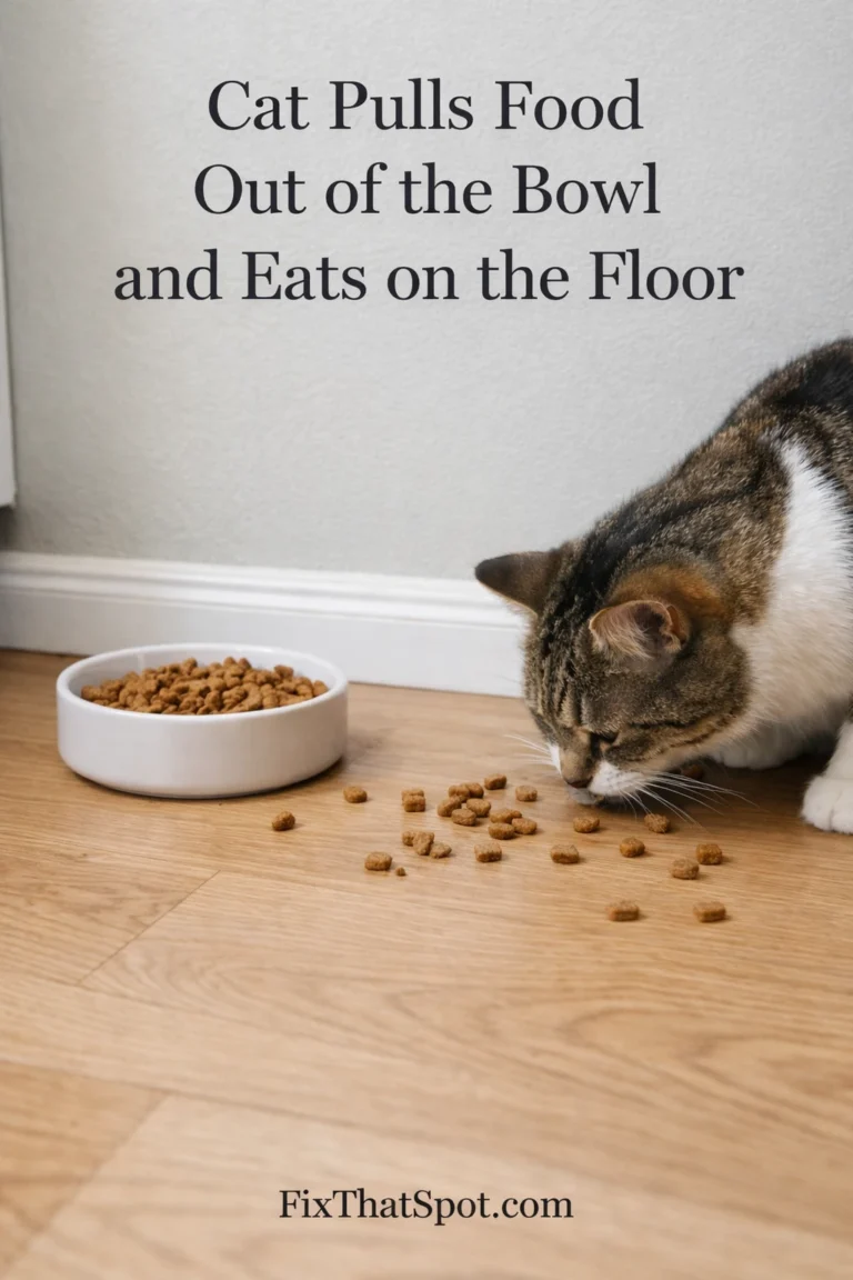 Dry cat food scattered on the floor next to a full cat bowl in a kitchen feeding area.