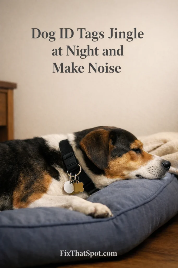 Dog resting indoors at night with metal ID tags hanging from its collar, lying on a soft slate blue dog bed in a quiet room.