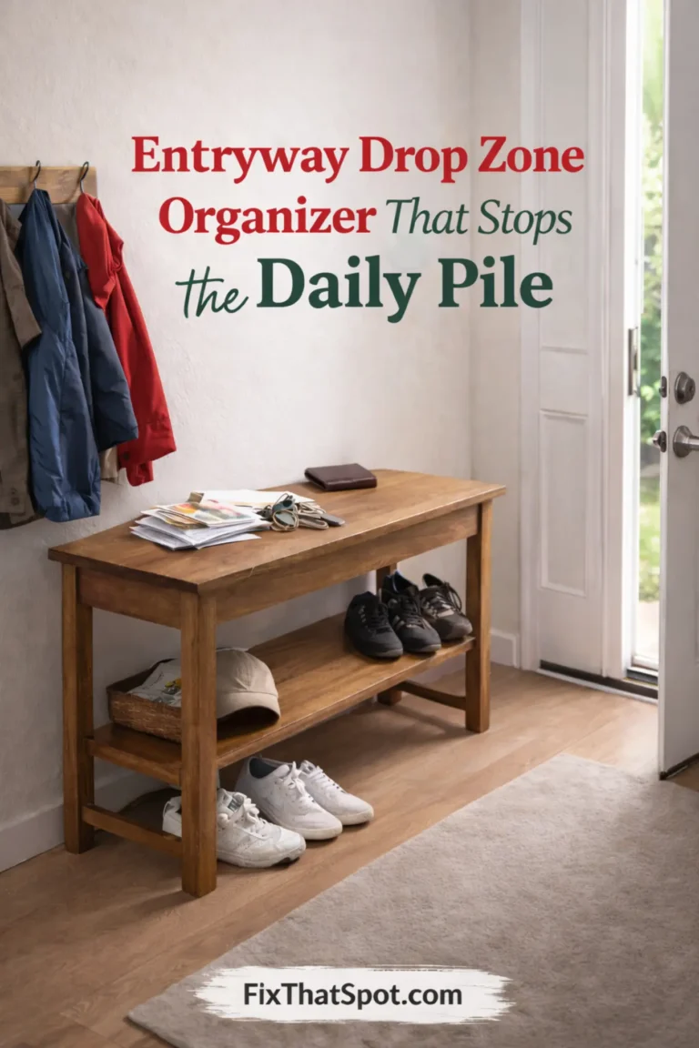 Cluttered entryway console table with a small stack of mail and keys, tidy shoes below, and coats on wall hooks, illustrating a typical daily drop zone near the front door.