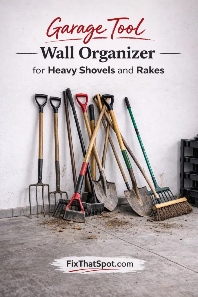 Long-handled shovels, rakes, and a broom piled and leaning against a white garage wall on a dirty concrete floor.