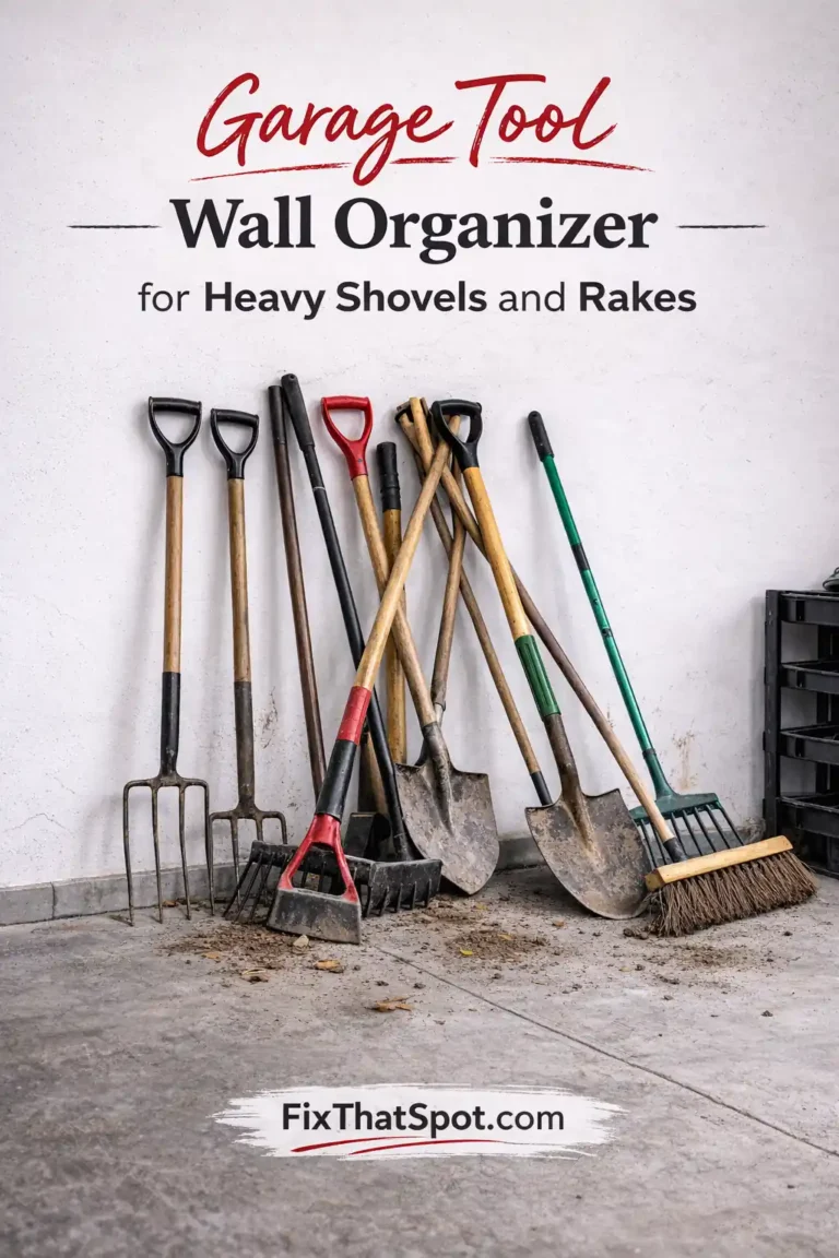 Long-handled shovels, rakes, and a broom piled and leaning against a white garage wall on a dirty concrete floor.