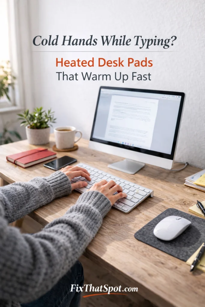 Person typing on a wireless keyboard at a light wood desk with a computer monitor in the background, wearing a gray sweater, illustrating cold hands while working in a home office.