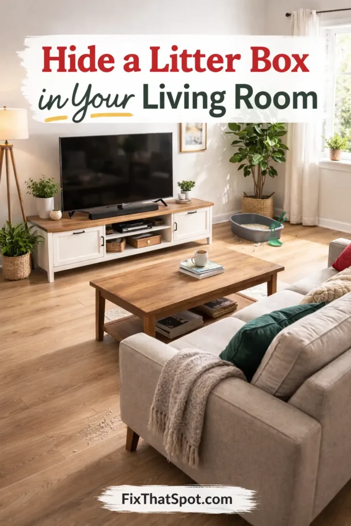 Living room with sofa and TV facing each other, and a visible litter box placed in the far corner near a plant, showing the problem of an exposed litter box in a shared space.