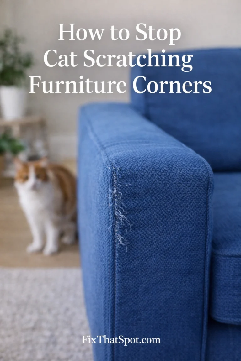 Blue fabric sofa in a living room with visible scratch damage along the front corner seam from a cat.