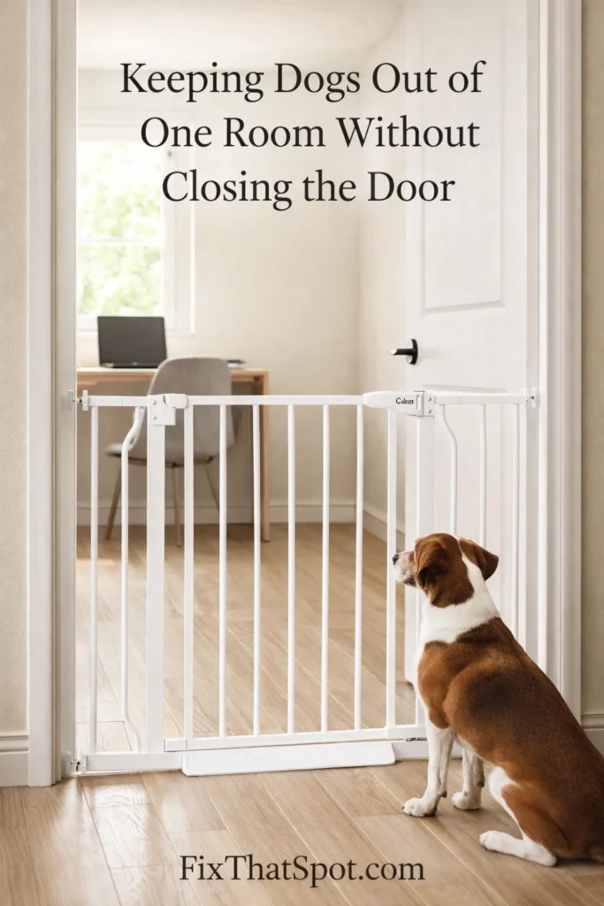 Pressure-mounted white pet gate installed in a home office doorway, with a dog sitting outside the gate looking into the room.