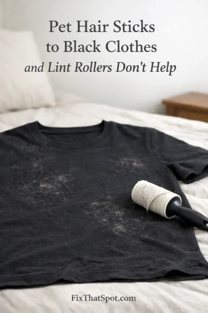 Black T-shirt laid on a bed with light pet hair clinging in uneven patches, next to a used lint roller that hasn’t removed it.