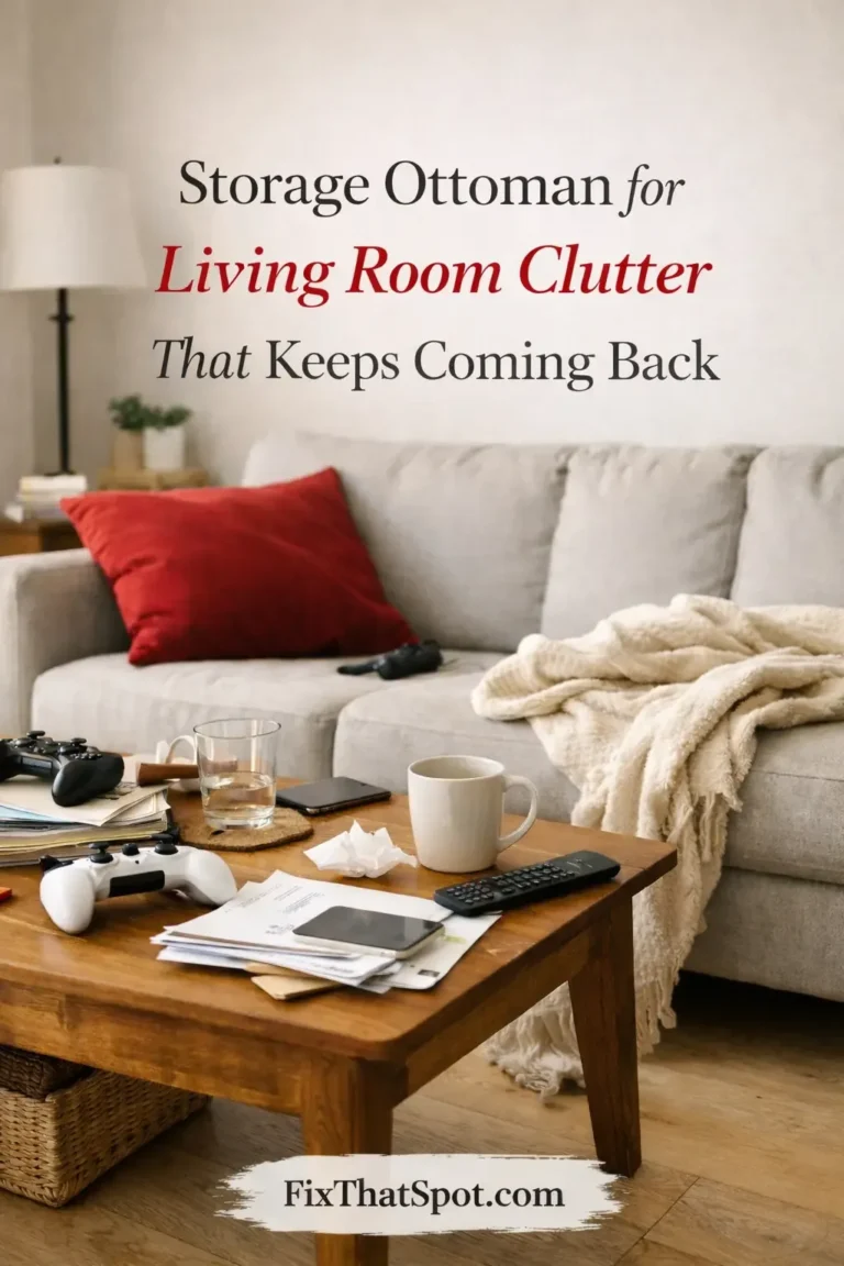 Cluttered living room with messy wooden coffee table covered in mail, game controllers, remote and coffee mug, red throw pillow on gray sofa.