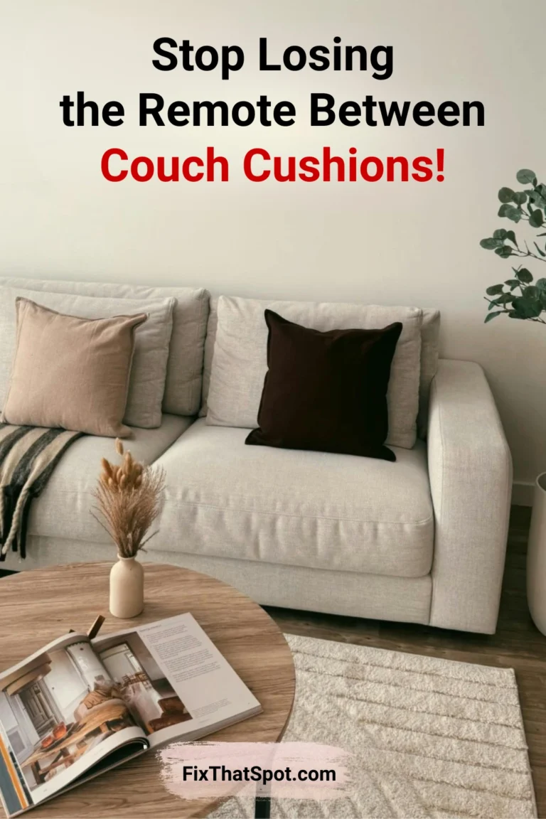 Remote control stuck between couch cushions in a bright living room while someone searches for it.