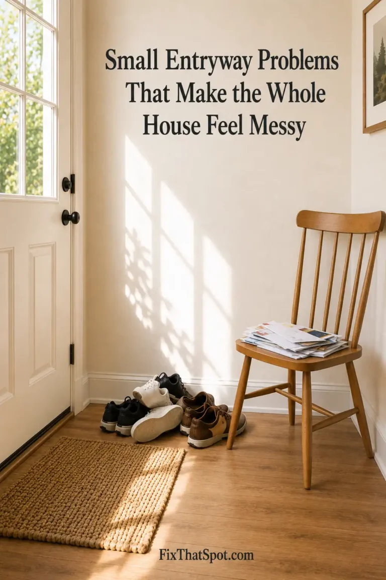 Messy entryway with piled-up shoes near the door, junk mail on a wooden chair, and sunlight shining across a narrow hallway.