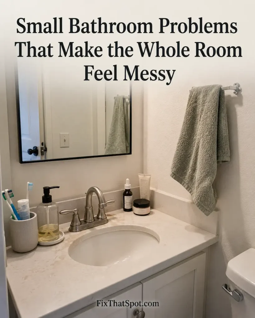 Small bathroom sink with water around the faucet, a damp towel hanging nearby, and a slightly crowded counter.