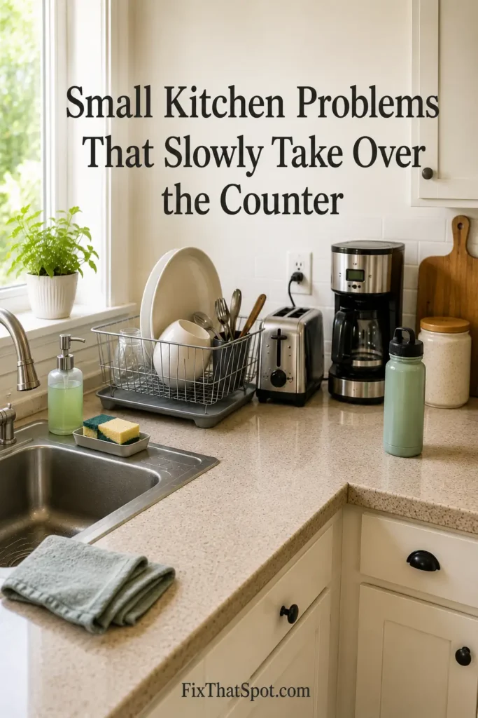 Bright kitchen counter with a dish rack, damp sponge, toaster, and small everyday clutter showing small kitchen problems building up over time.