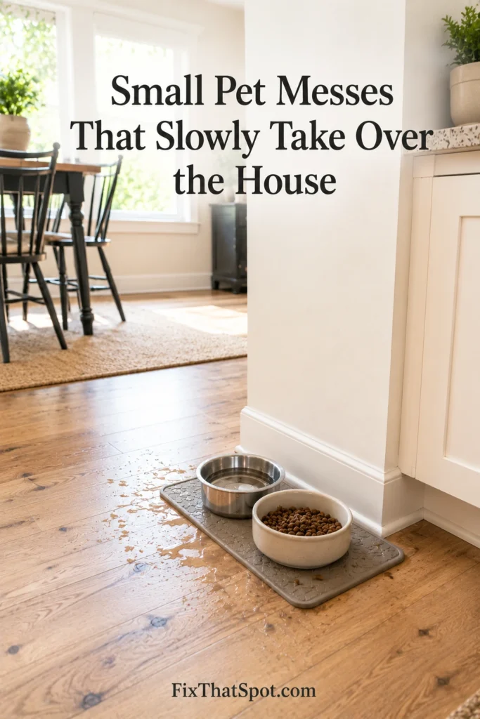 Bright kitchen corner with dog food and water bowls on the floor, water splashes near the feeding mat, and the title “Small Pet Messes That Slowly Take Over the House” overlaid at the top
