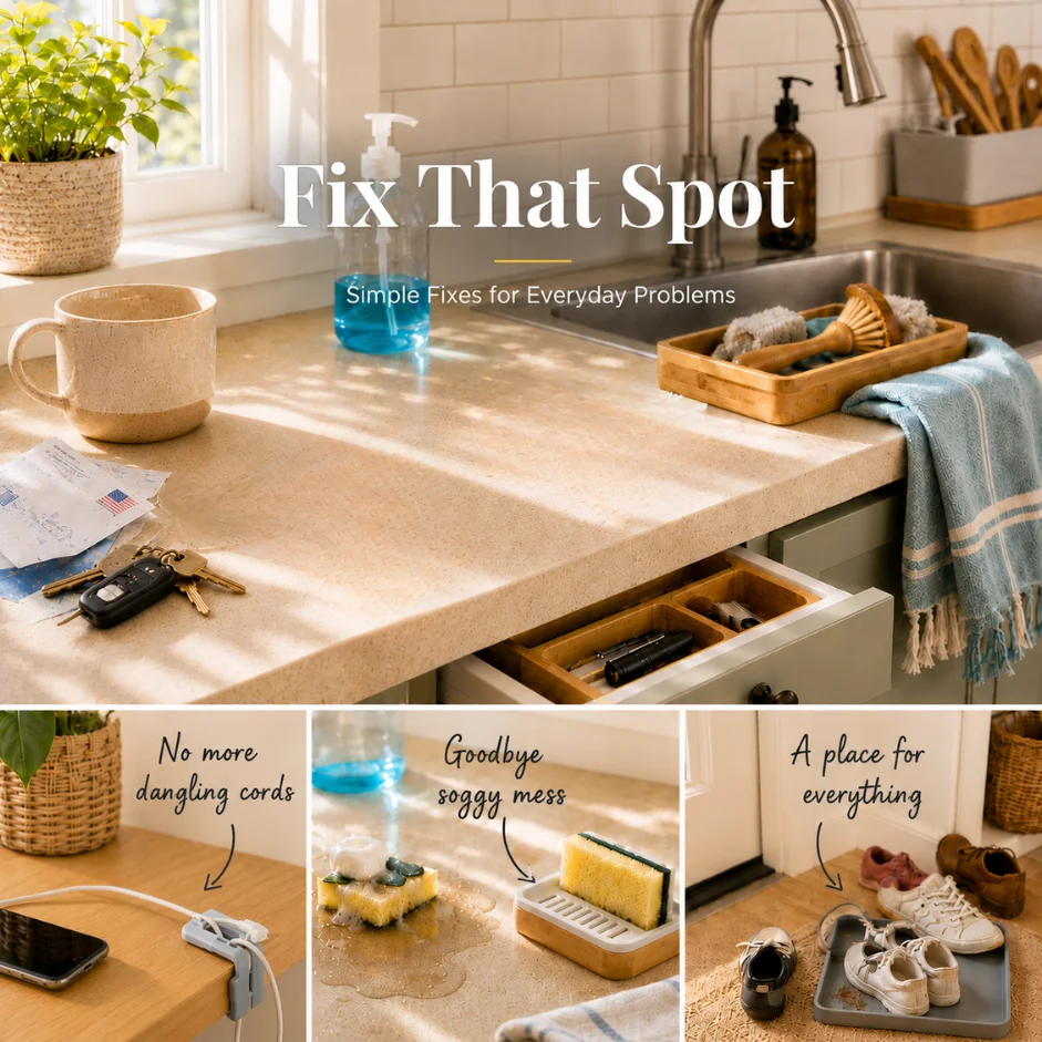 Fix That Spot homepage image showing everyday household frustrations including tangled cords, a wet sponge on a kitchen counter, and shoes scattered by an entryway tray.
