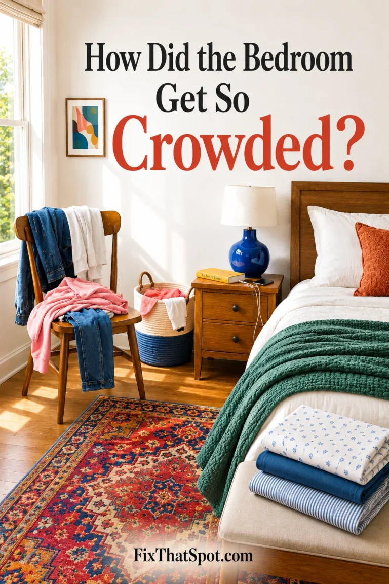 Bright bedroom with a wooden chair holding pink and white clothes, a laundry basket with folded garments, a blue lamp on the nightstand, and colorful accents throughout. The image features the title "How Did the Bedroom Get So Crowded?" and the FixThatSpot.com logo at the bottom.