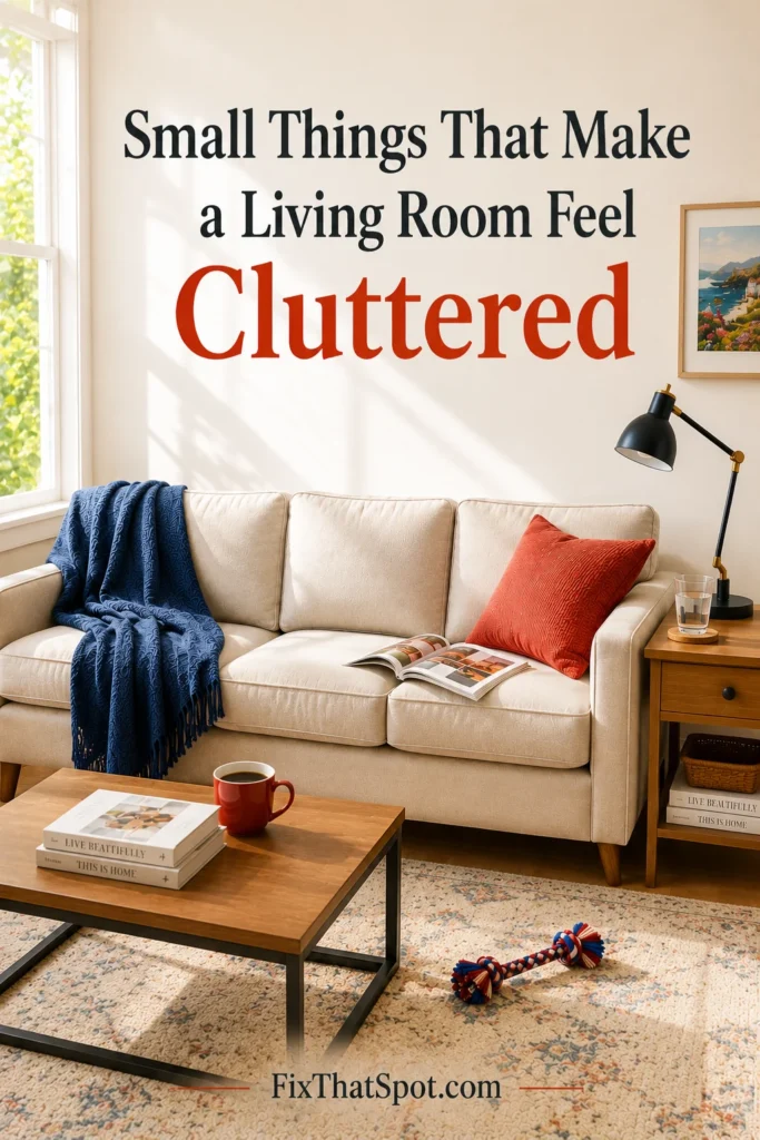 Bright living room with a three-seat cream sofa, blue throw blanket, red pillow, coffee table placed close to the couch, and a dog toy on the rug. The image includes the title "Small Things That Make a Living Room Feel Cluttered" and the FixThatSpot.com logo at the bottom.