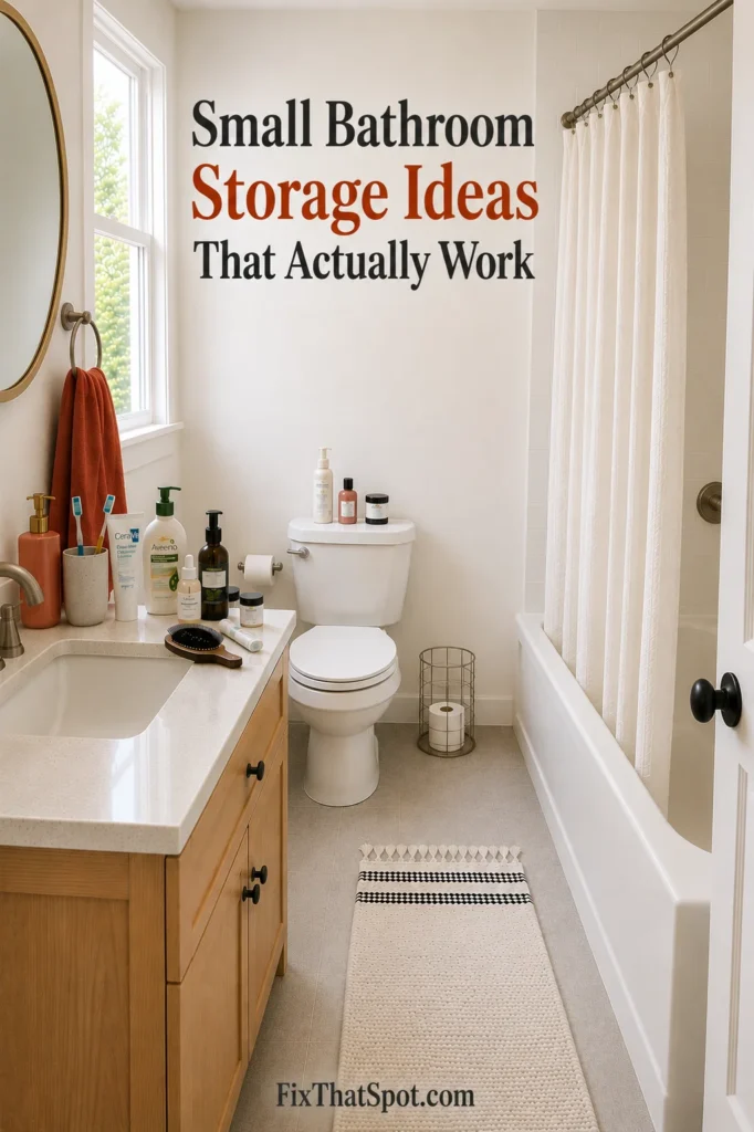 Small bathroom with a crowded vanity countertop, bathtub with shower curtain, and a single toilet paper roll in a floor stand, showing practical storage challenges in a compact space.