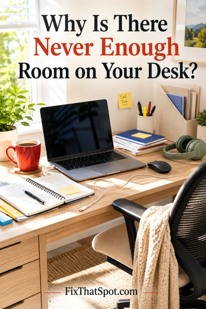 Home office desk with a laptop, notebook, coffee mug, headphones, and charging cable taking up workspace in bright natural daylight. The image highlights how everyday desk items can make a work area feel crowded.