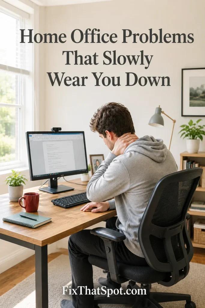 Person sitting at a home office desk rubbing their neck while working at a low monitor in a bright room with natural daylight.