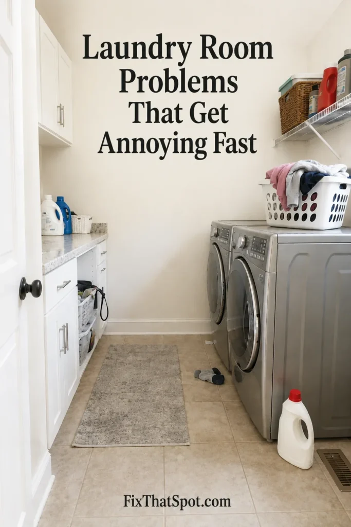Bright narrow laundry room with overflowing laundry basket, detergent bottles, and crowded washer and dryer setup showing common laundry room clutter problems.