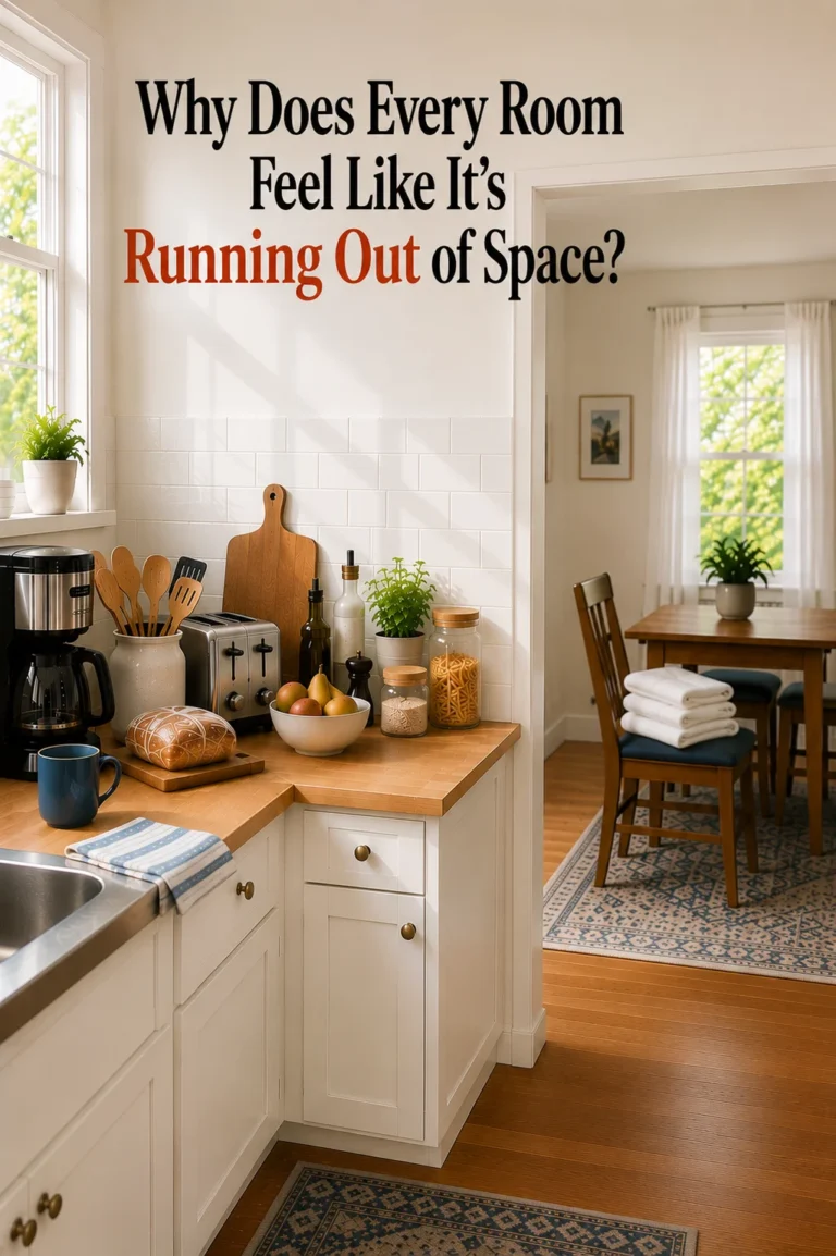 Bright kitchen with an unused corner countertop, folded linens visible in the next room, and the title "Why Does Every Room Feel Like It's Running Out of Space?