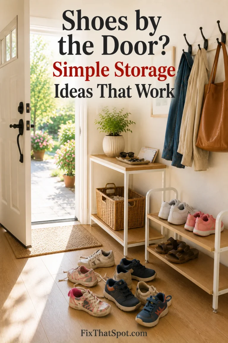 Small entryway with shoes scattered by the front door, a partially filled shoe rack, and simple storage ideas to keep everyday footwear organized.