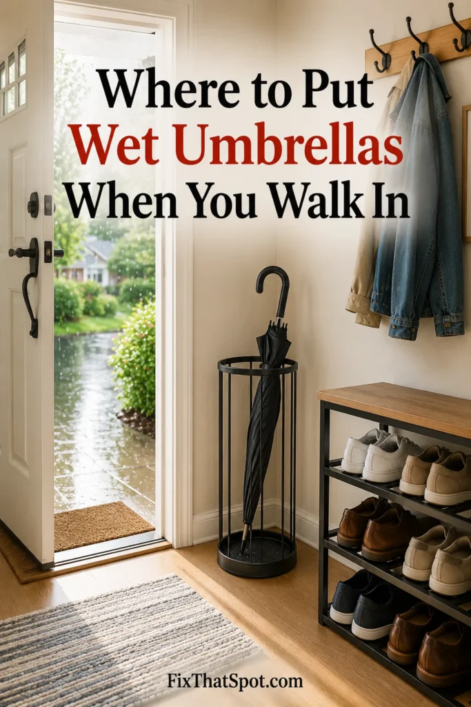 Wet umbrella stored in a slim umbrella stand beside the front door in a bright, organized entryway with a shoe rack and coat hooks.