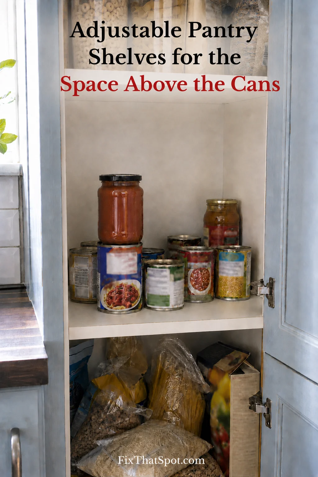 Adjustable Pantry Shelves for the Space Above the Cans
